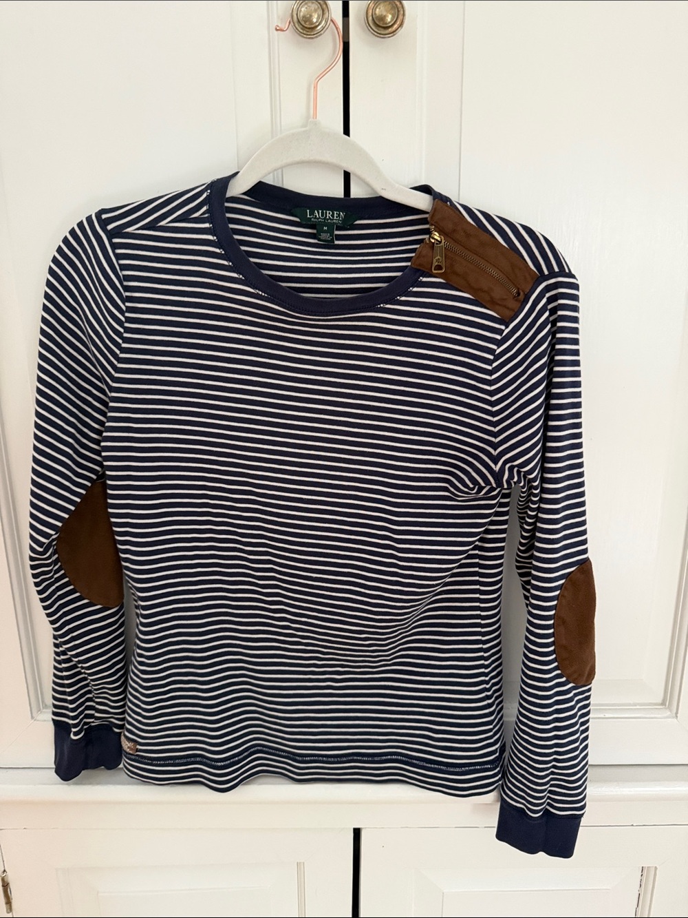 Ralph Lauren 100% Cotton Blouse Medium White Navy Stripe Elbow Patch Top